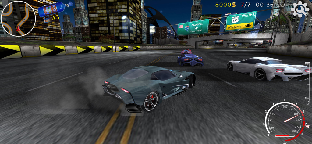 XTrem Racing - A grey supercar racing through a neon city circuit at night with high speed HUD in XTrem Racing