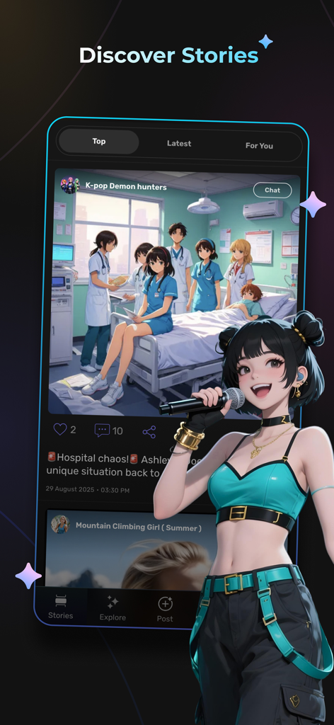 wsup.ai - Interface of the wsup.ai app showing the Discover Stories feed with trending AI character chat logs and anime avatars.