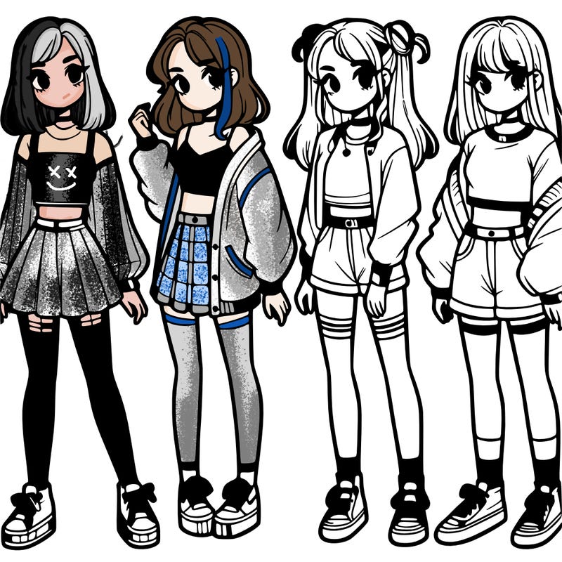 one girl with crop-top shirt and a jacket with a skirt, long socks and another girl with a shirt and pants with a jacket