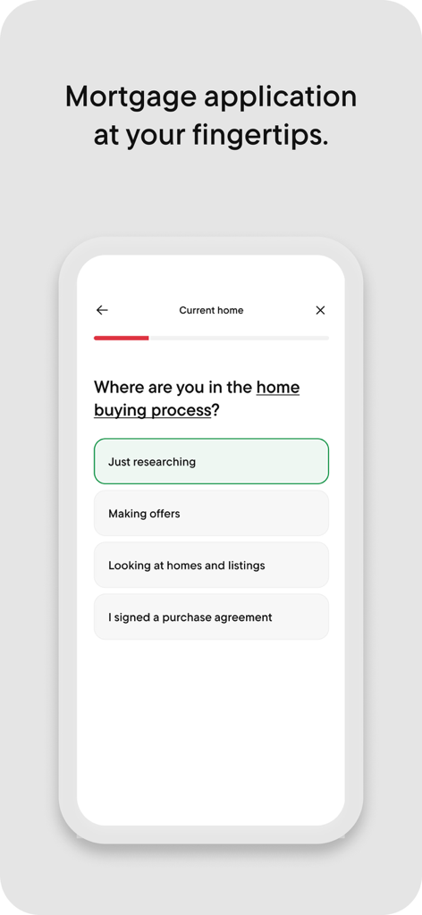 Rocket Mortgage mobile app screen for selecting the current stage in the home buying process