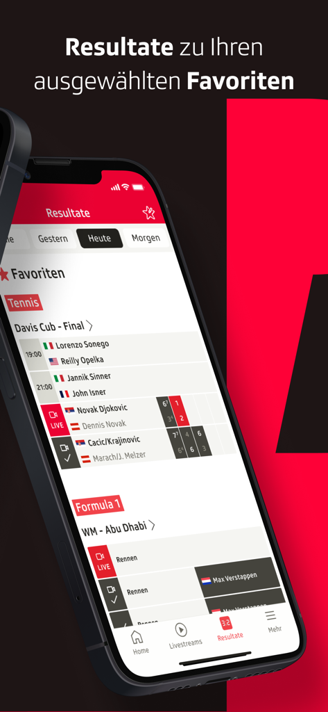 Smartphone-Bildschirm mit der SRF Sport App, die Live-Resultate und Statistiken für Lieblingssportarten wie Tennis und Formel 1 zeigt