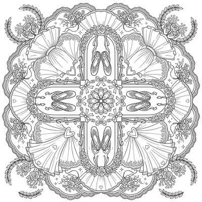Discover a world where dance meets romance with this stunning ballet wedding mandala. This intricate coloring page combines graceful ballet slippers and elegant wedding motifs within a mesmerizing symmetrical design, perfect for a relaxing and creative escape.