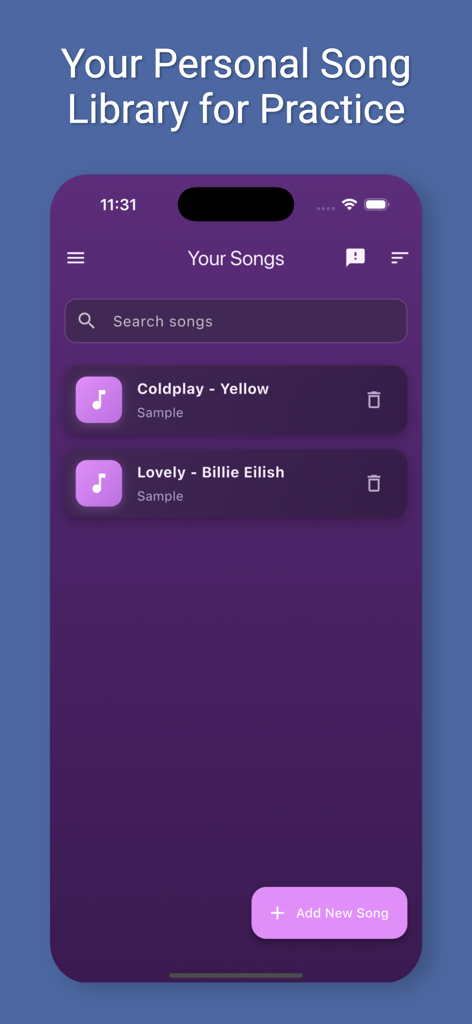 Pitchy - Sing On Pitch - Screenshot of the Pitchy app song library screen showing a list of songs like Coldplay and Billie Eilish with an option to add new songs for vocal practice.