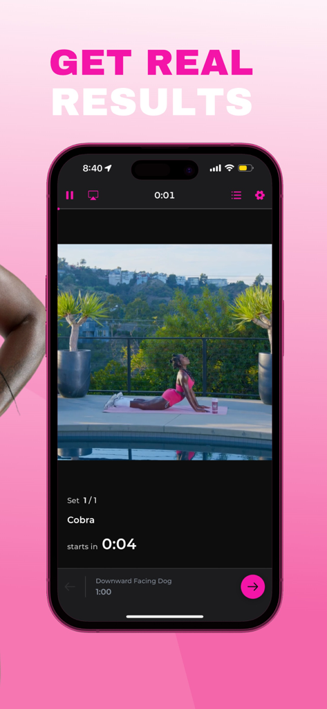 Babe Fitness by Brittne - Babe Fitness app workout screen showing Brittne Babe performing a Cobra stretch.