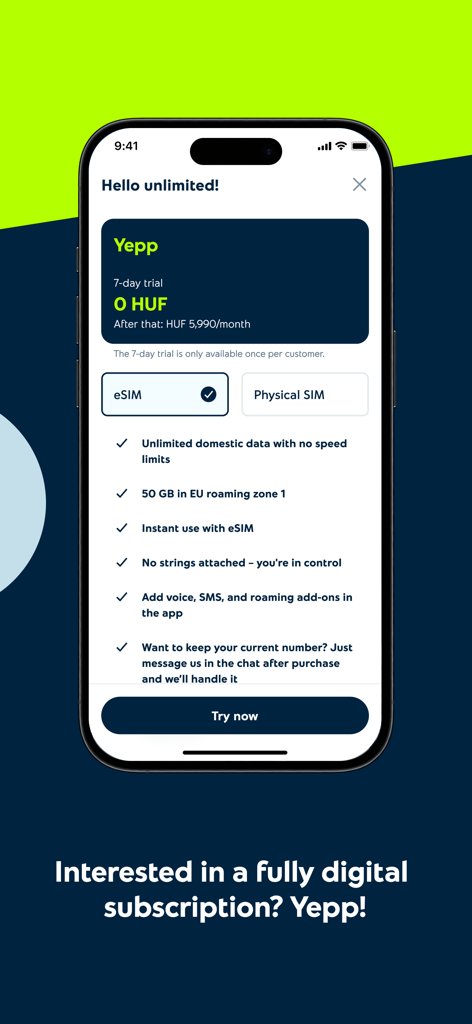 Yettel HU - eSIMと物理SIMオプションを備えたYeppデジタルサブスクリプションプランを表示するYettel HUアプリ画面