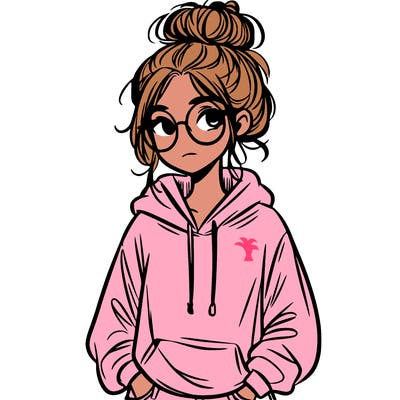 teen girl with a messy bun and glasses wearing a loose hoodie and jeans