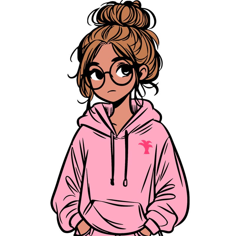 teen girl with a messy bun and glasses wearing a loose hoodie and jeans
