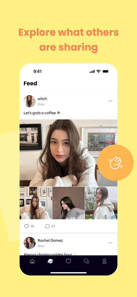 Dora: Create and connect - Interface of the Dora app showing a creative social feed with user posts and photos