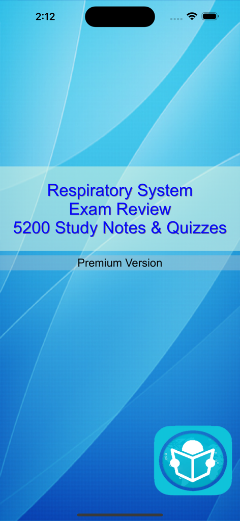 Splash screen of the Respiratory System Nursing Exam Review app showing 5200 study notes and quizzes