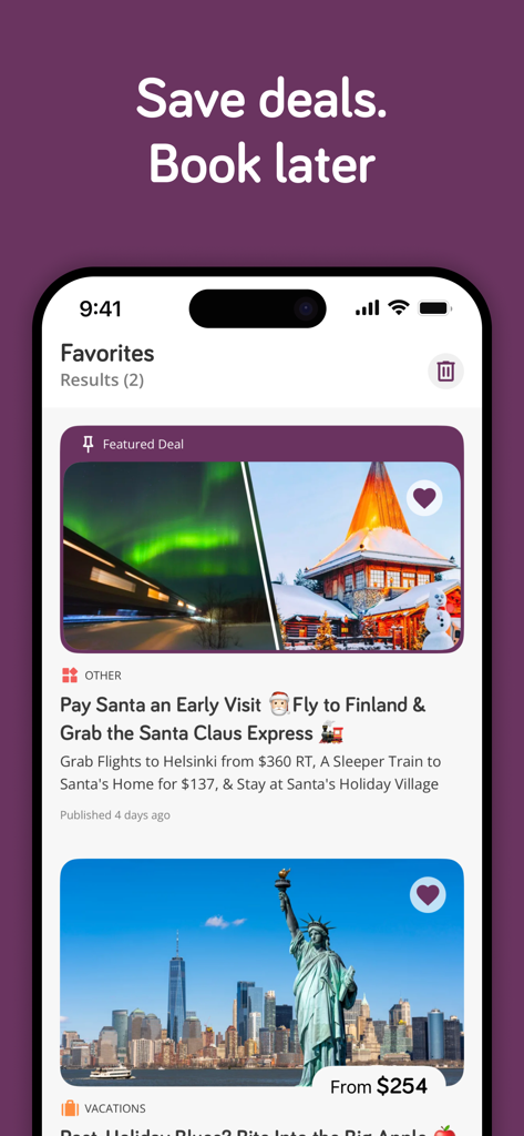 Pantalla de la aplicación móvil TravelPirates que muestra ofertas de viajes favoritas guardadas para destinos como Finlandia y la ciudad de Nueva York.