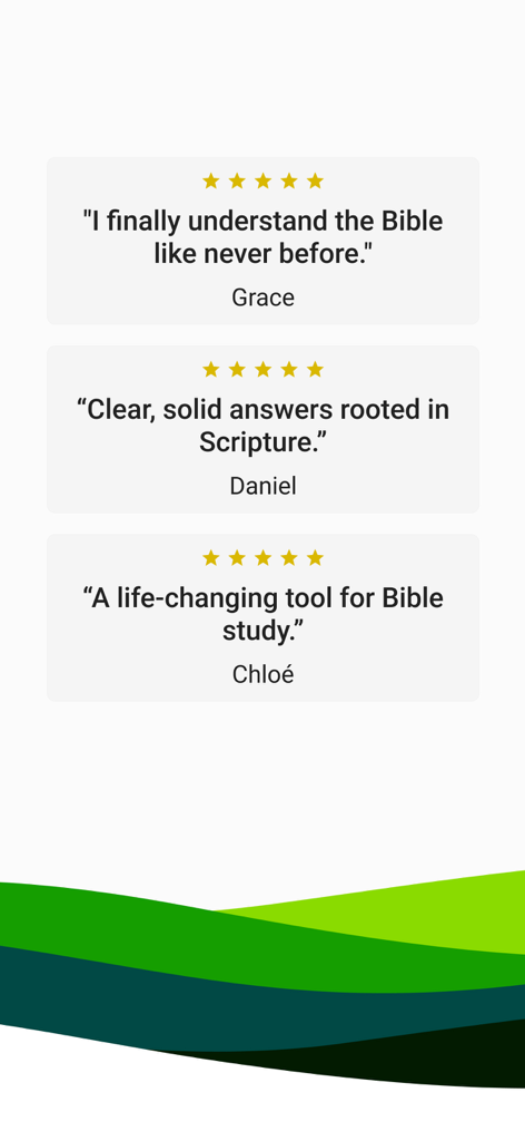 HelloBible : Bible Chat - HelloBibleアプリの3つの5つ星ユーザーレビュー。スピリチュアルな成長と理解への影響を強調しています。