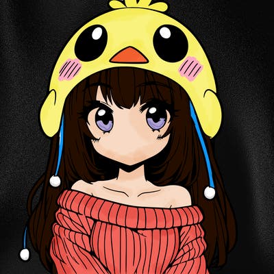anime girl with chick shaped hat with sweater with bare shoulders with bangs covering them one eye with low tail