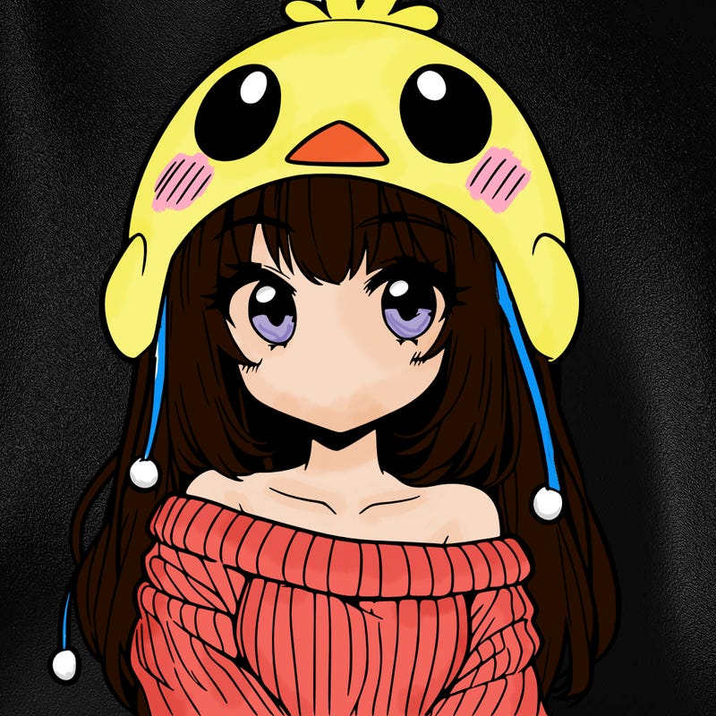 anime girl with chick shaped hat with sweater with bare shoulders with bangs covering them one eye with low tail