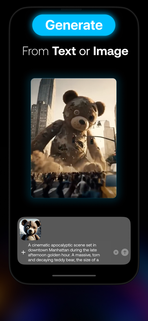 Interfaz de la aplicación CinemAI mostrando la generación de video con IA a partir de un prompt de texto con un oso de peluche gigante en una ciudad.