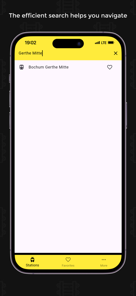 Eine Bildschirmansicht der Suchfunktion der Ruhrbahn Live-Fahrplan-App, die eine Suche nach Gerthe Mitte mit einer gelb-schwarzen Benutzeroberfläche zeigt.