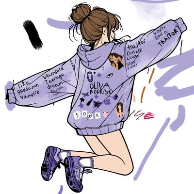realistic girl jumping with a bun and oversized sweatshirt