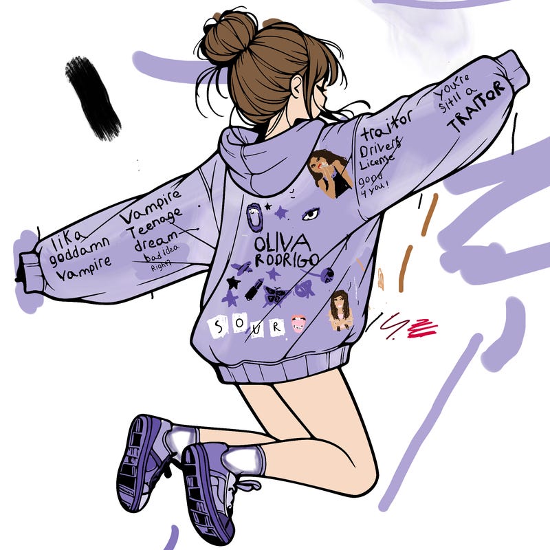 realistic girl jumping with a bun and oversized sweatshirt