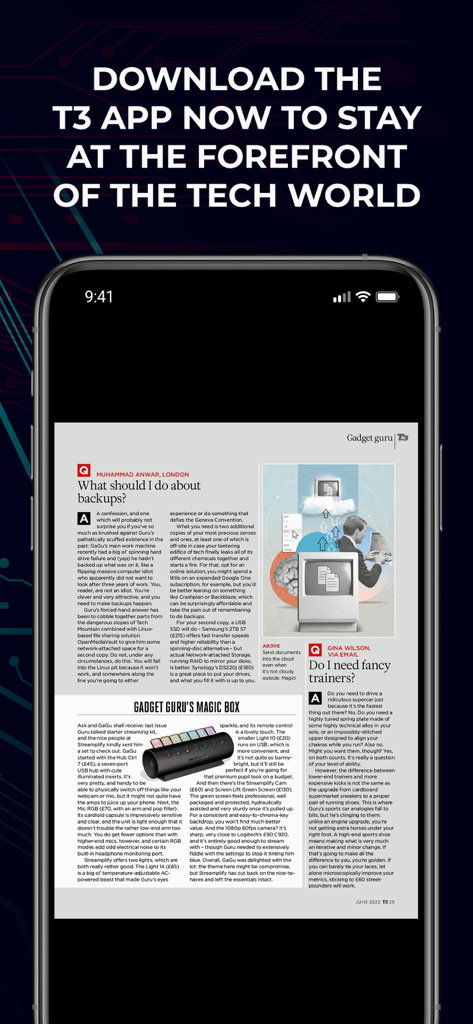 An iPhone screen displaying the T3 Magazine app with a Gadget Guru article about tech and lifestyle advice.