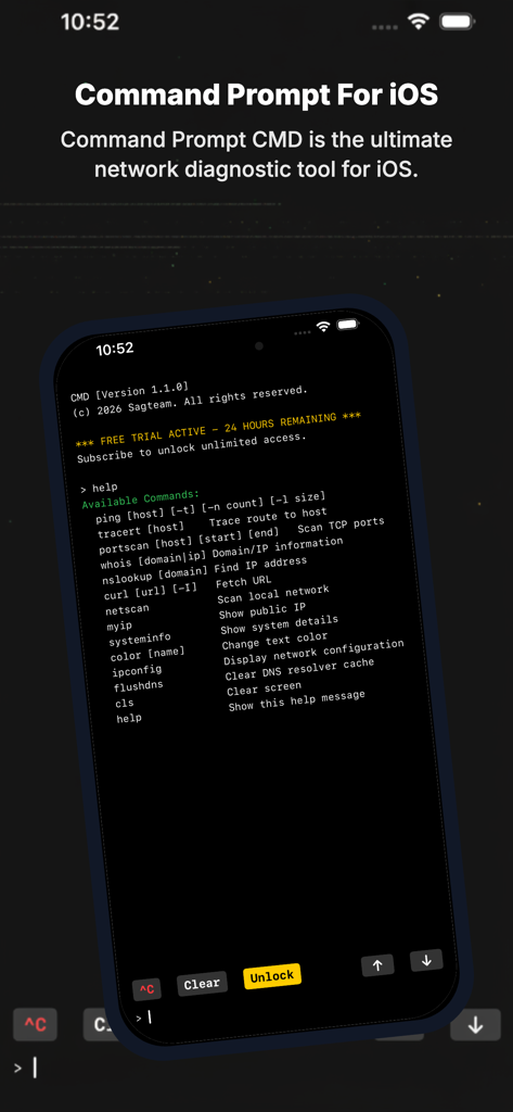 CMD: SSH, Terminal, DOS, Ping - Pantalla de smartphone que muestra una interfaz de terminal retro para diagnóstico de red con comandos como ping y traceroute