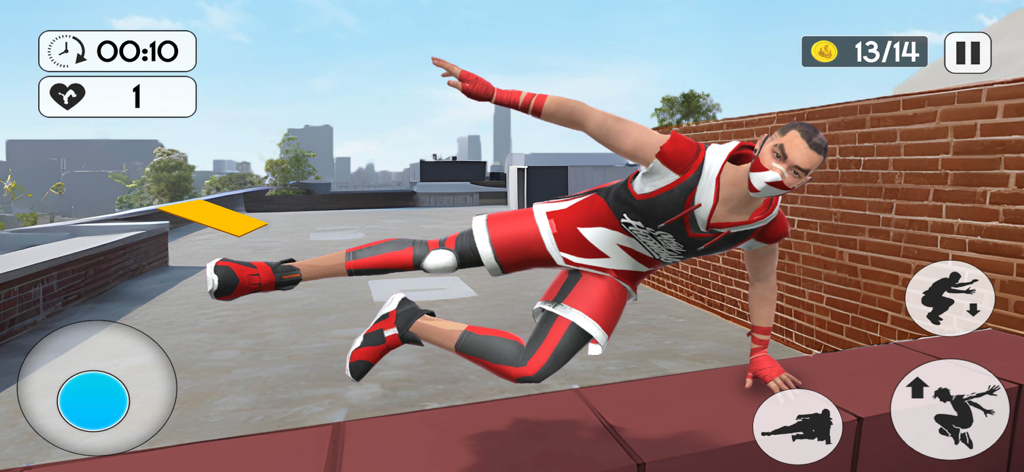 Rooftop Backflip Parkour Games - A parkour character performing a mid-air stunt on an urban rooftop in a mobile game.