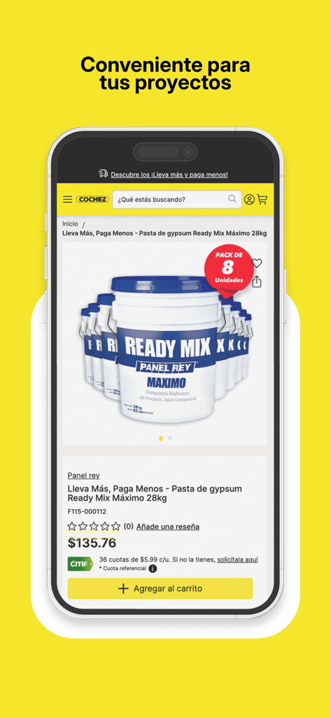 Página de producto de la aplicación móvil Cochez Panama mostrando un paquete a granel de masilla para juntas de construcción.