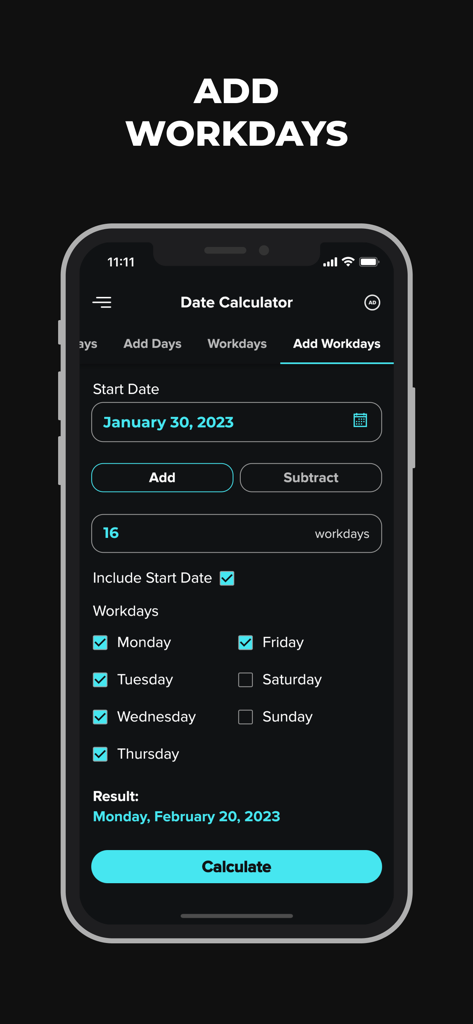 Date & Time Calculator App - Interfaz de la aplicación Calculadora de Fecha y Hora mostrando cómo sumar 16 días laborables a una fecha de calendario específica.