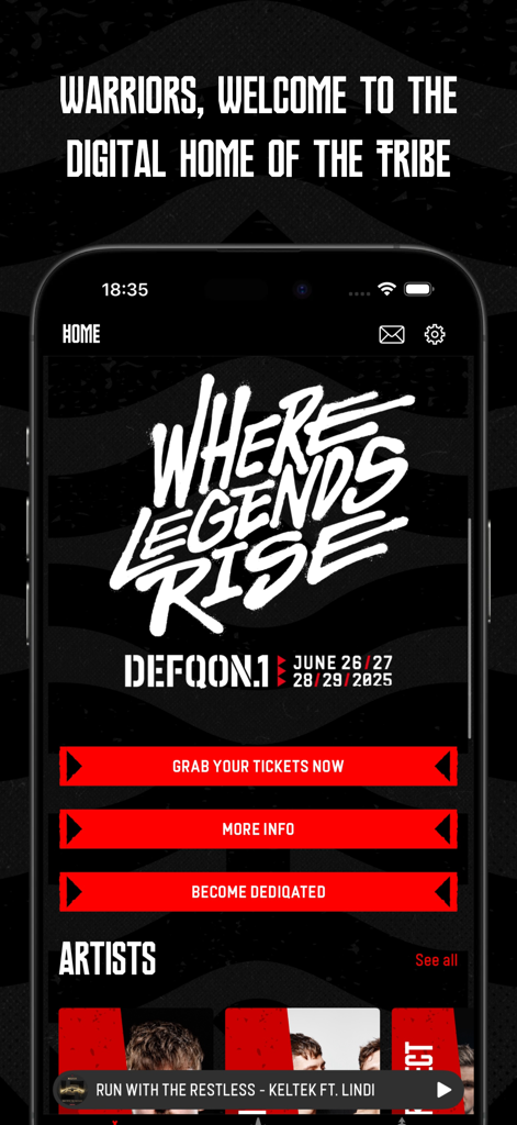 Defqon.1 - Defqon 1 app home screen showing festival dates and ticket buttons