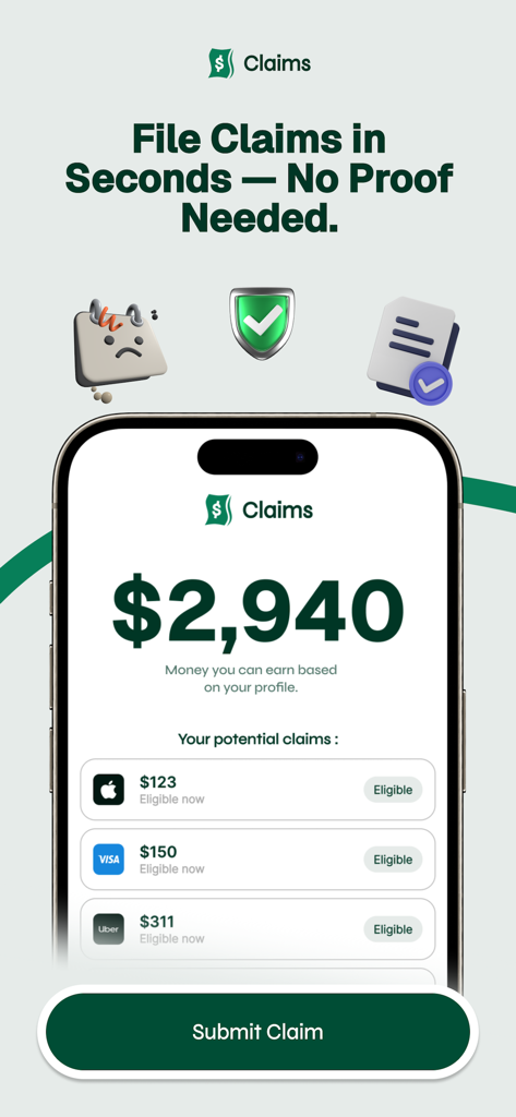 Claims: Claim your money - Apple Visa Uberからの請求可能な集団訴訟の和解金のリストと2940ドルの潜在的な支払い金が表示されたClaimsアプリのiPhone画面