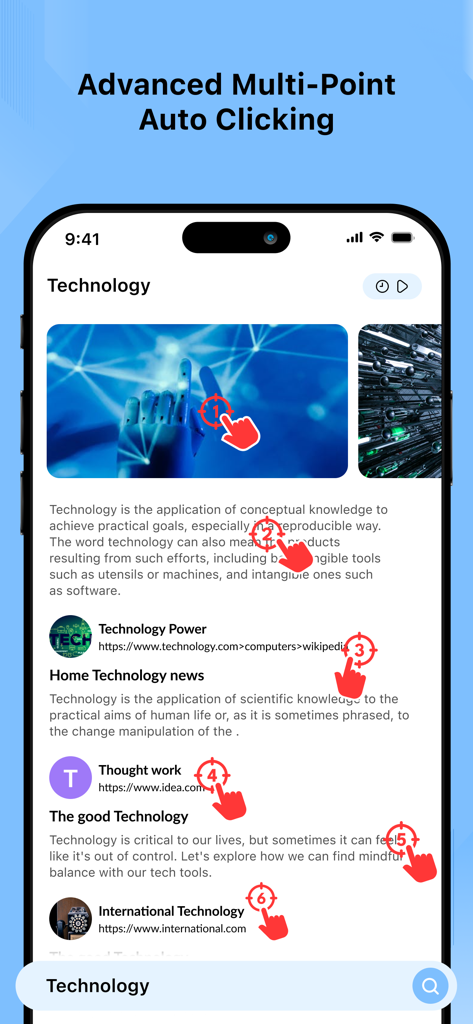 Auto Clicker - Automatic tap· - iPhone screen showing the multi point auto clicking feature with numbered red targets and hand icons over content