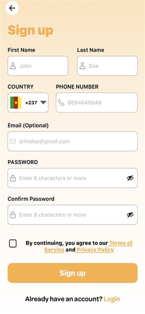 TaQ User app registration page showing sign up form fields for name, phone number, email, and password.