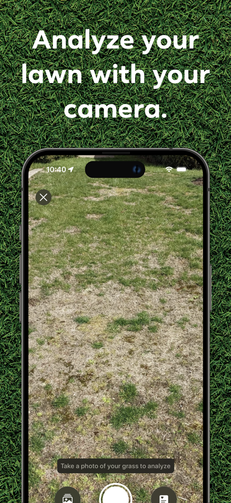 Interface do aplicativo Relva IA mostrando a câmera digitalizando um jardim para análise.