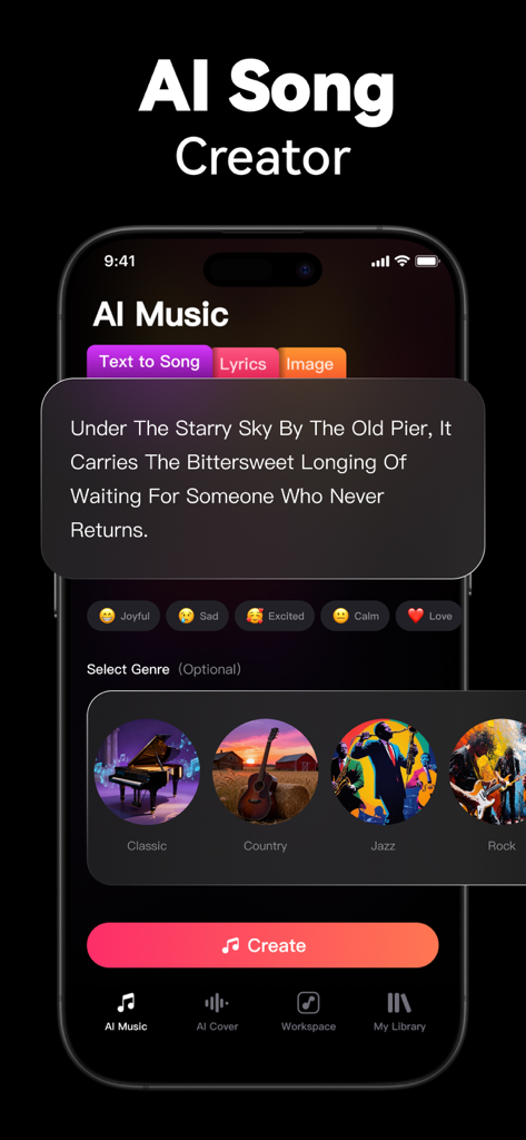 Smartphone screen showing the VocalMe app AI Song Creator interface with text prompt and music genre selection