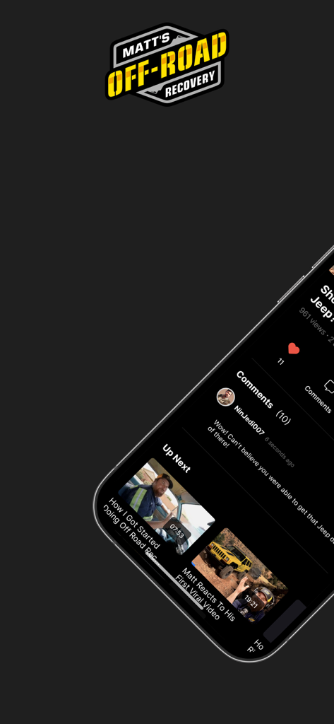 Tela de smartphone mostrando o player de vídeo do aplicativo Matt's Off-Road Recovery com comentários e sugestões de próximos vídeos.