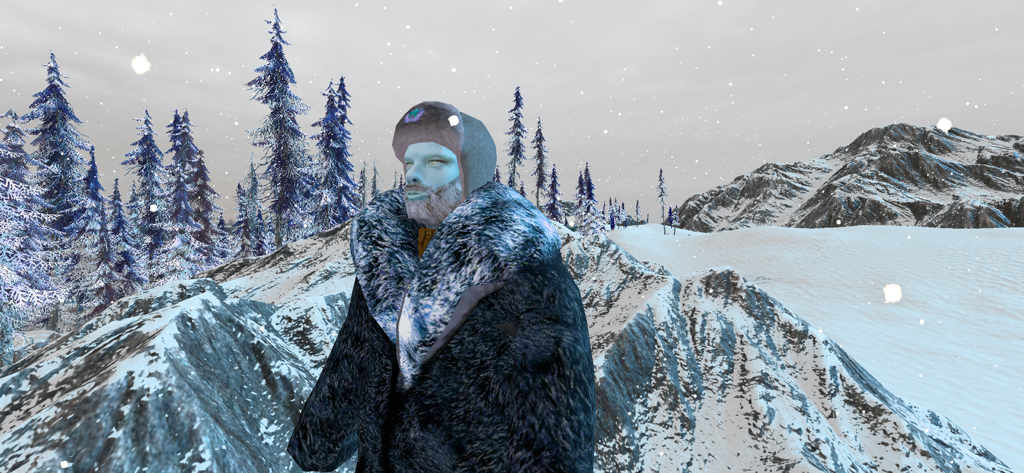 A survivor character wearing a thick fur coat in a snowy mountain landscape.