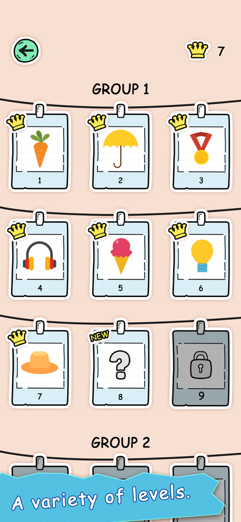 Puzzle Fuzzle - Schermata di selezione del livello di Puzzle Fuzzle che mostra i livelli completati con icone di oggetti colorate