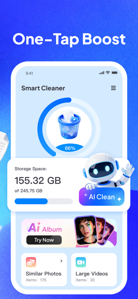 Smart Cleaner-Ai Cleaner - Tela principal do aplicativo Smart Cleaner AI com gerenciamento de armazenamento de impulso de um toque e um assistente de IA.