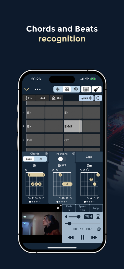 Music Memos - Chords & Lyrics - Pantalla de la aplicación Music Memos que muestra el reconocimiento de acordes y ritmos con diagramas de guitarra
