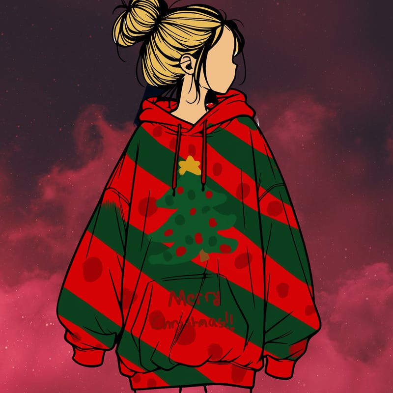 realistic girl with a oversized sweatshirt on and a bun