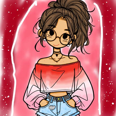 girl with a messy ponytail glasses a baggy crop top and jean shorts