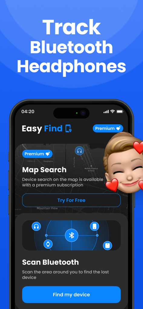Interfaz de la aplicación Easy Find que muestra la búsqueda en mapa y las funciones de escaneo Bluetooth para rastrear auriculares perdidos
