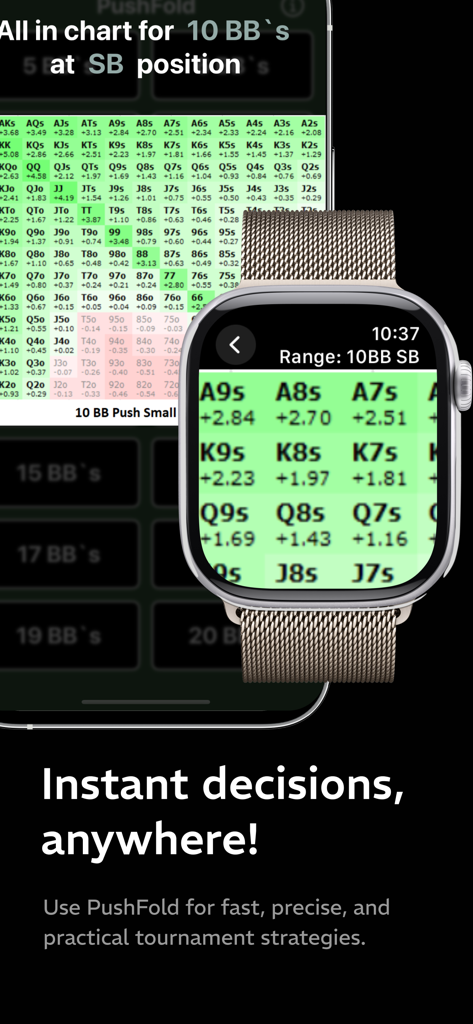 PushFold Poker App zeigt Preflop-Range-Charts auf einem iPhone und einer Apple Watch für schnelle Turnierstrategie-Entscheidungen