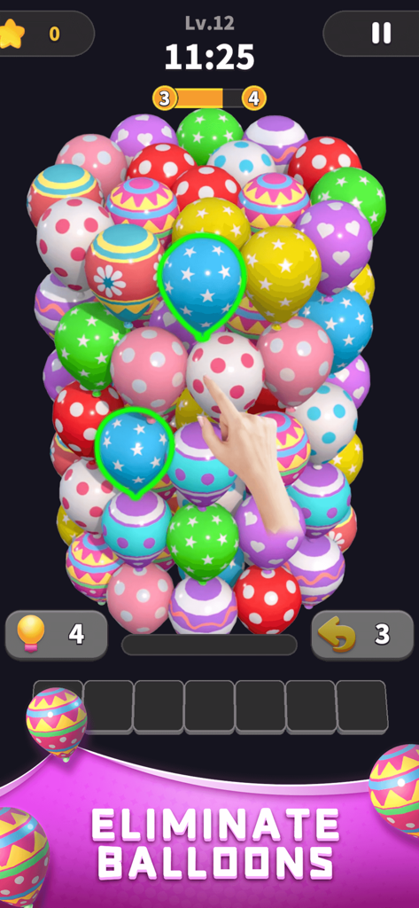 Balloon Master 3D:Puzzle Games - A gameplay screenshot of Balloon Master 3D showing a hand selecting colorful patterned balloons to match and eliminate