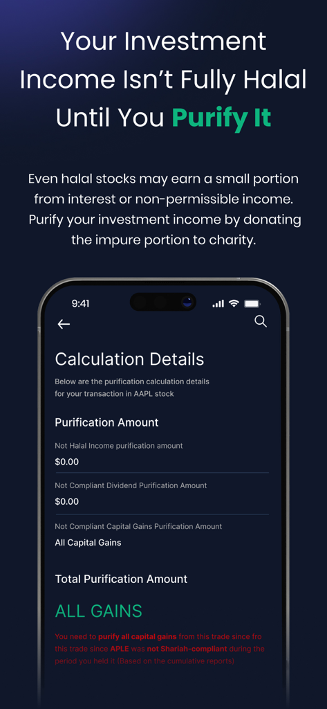 Musaffa app interface showing investment purification calculation details for Shariah compliance