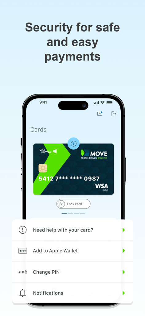 MOVE Bank App - MOVE Bank app interface showing card security features including a lock card button and Apple Wallet integration