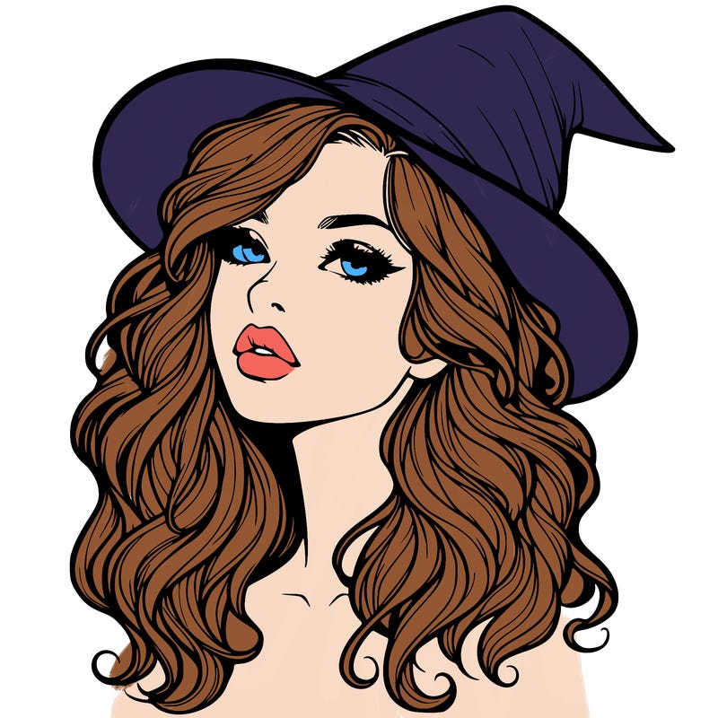 realistic witch girl with wavy hair and lips