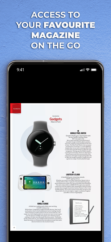 APC Australia - A smartphone displaying the APC Australia tech magazine gadgets page featuring technical reviews of the Google Pixel Watch and Logitech G Cloud