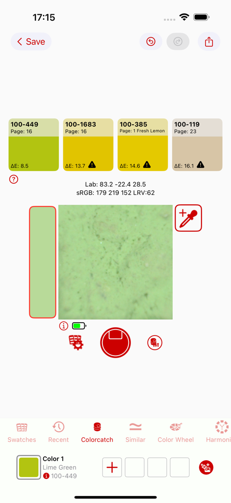 CAL Select 앱 인터페이스, 라임 그린 샘플에 대한 RGB 및 Lab 값이 포함된 색상 매칭 결과 표시