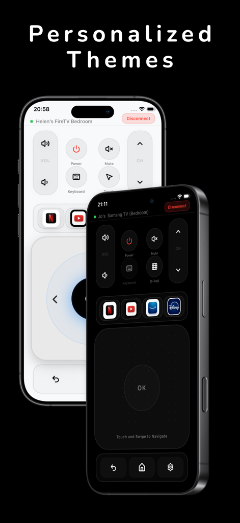 TV Remote Controller: Touchpad - UniRemote TV controller interface showing both light and dark personalized themes on iPhones.