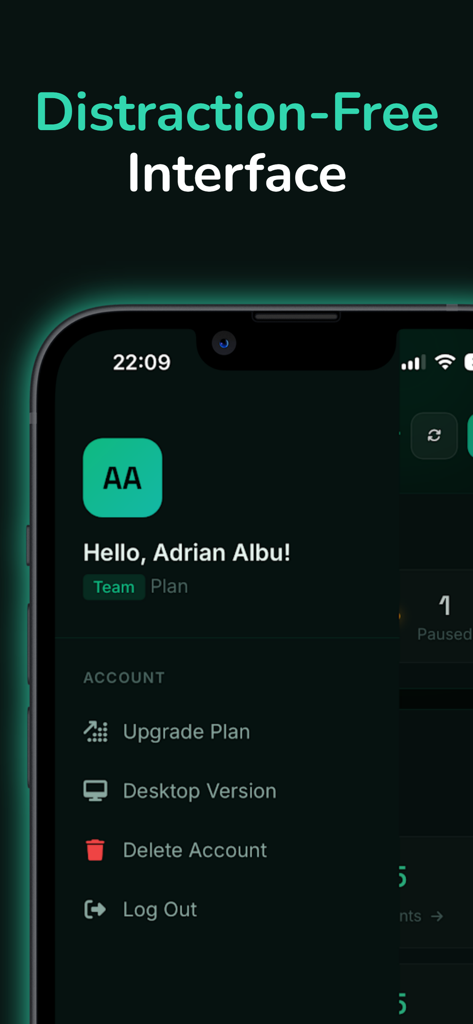 Distraction-free account interface of the Uptime Checker mobile app in dark mode