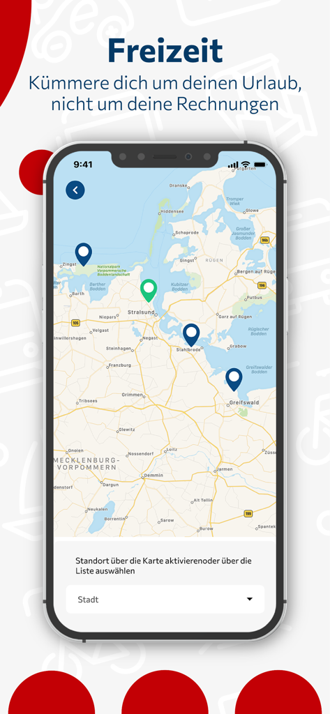 mobilet.de - Smartphone screen showing the mobilet app map interface with location markers in Northern Germany.